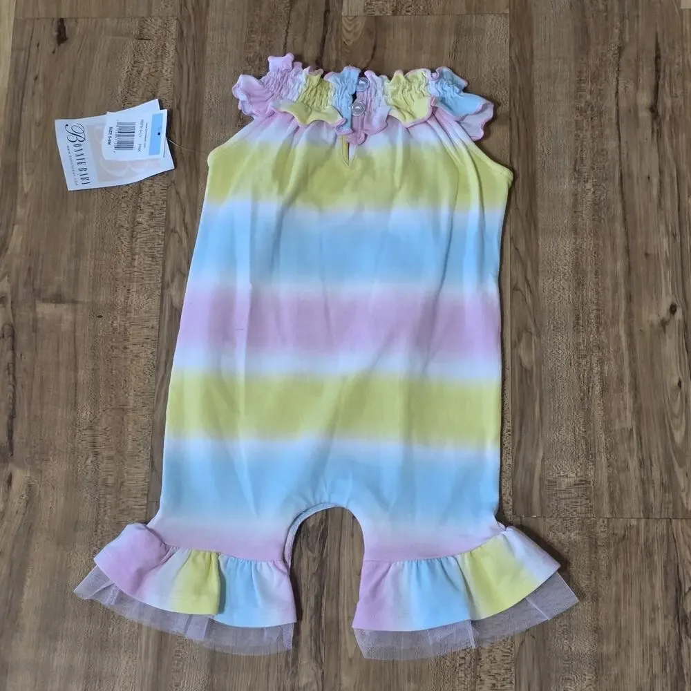 Bonnie Baby Girls 6-9M Pastel Tie Dye Unicorn Romper Ruffle Tulle NWT